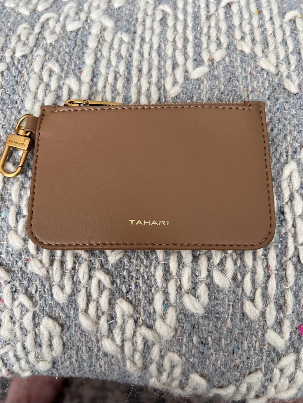 Tahari Taupe faux Leather Zip Card Pouch with Gold Hardware